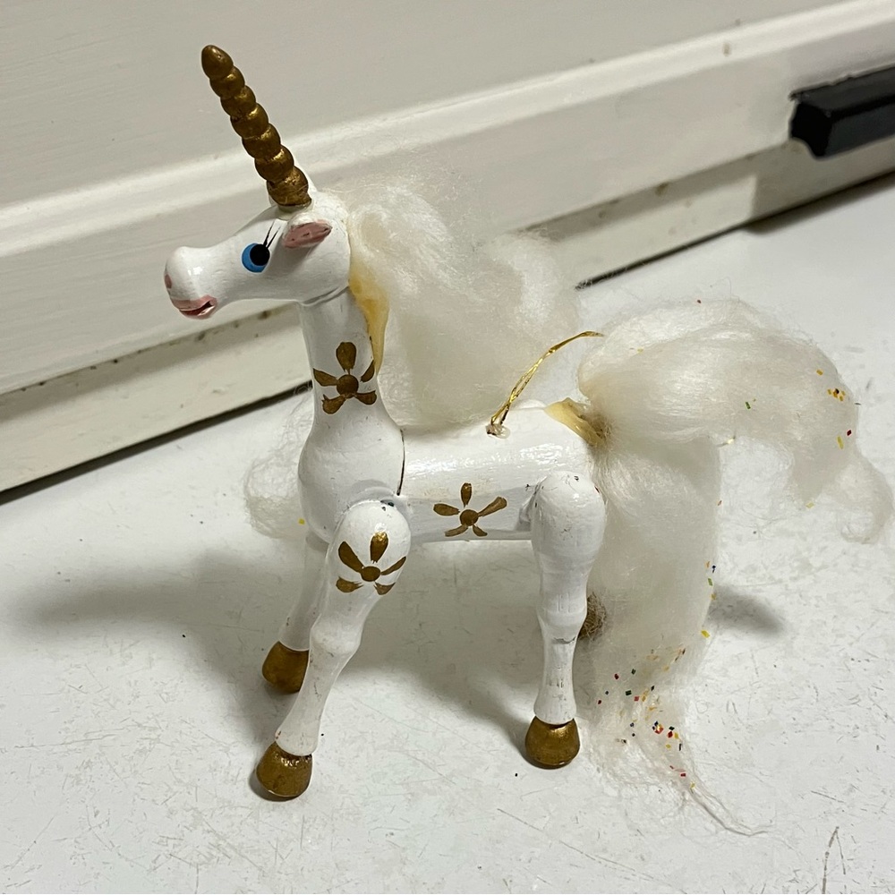 Vintage Wooden White & Gold Unicorn Christmas Ornament